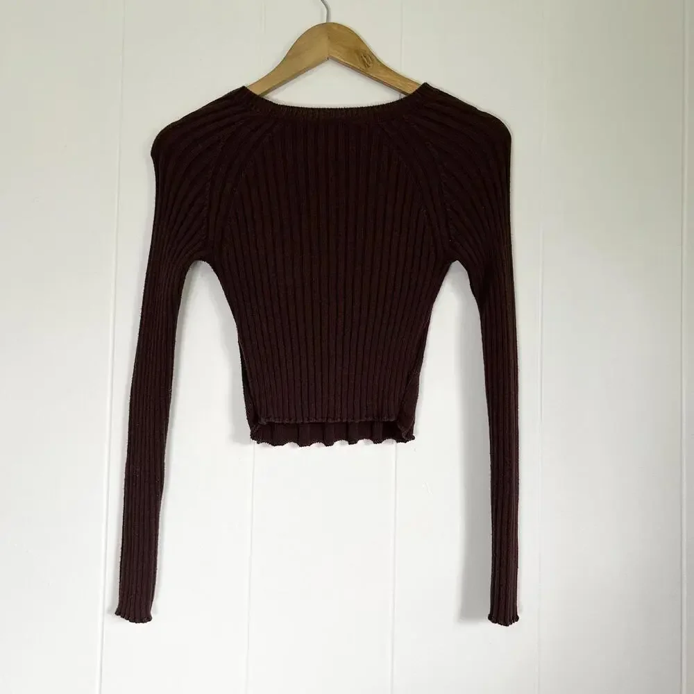 Aeropostale Brown Ribbed Open Front Keyhole Long Sleeve Crop Top Women's Small